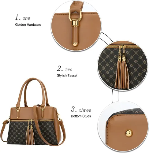 Vista 3 de KKXIU Bolsos tipo satchel para mujer con asa, bolsos de hombro y carteras con bolsillos y cremallera, bolsos cruzados de cuero