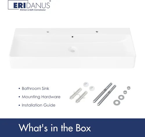 Vista 6 de Eridanus Lavabo de Baño Rectangular 43" x 16", Lavabo Vasija de Cerámica Vítrea de Dos Orificios, Montaje en Encimera y Pared, Lavabo Flotante