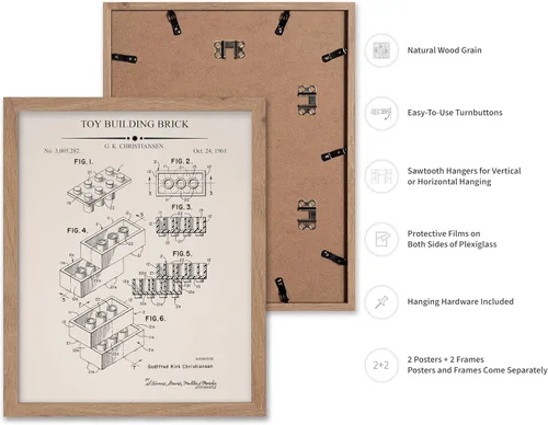 Vista 2 de Monem Art - Póster de 2 piezas con diseño de ladrillos - Estampado de patentes de bloques de construcción - Arte de ladrillos de construcción