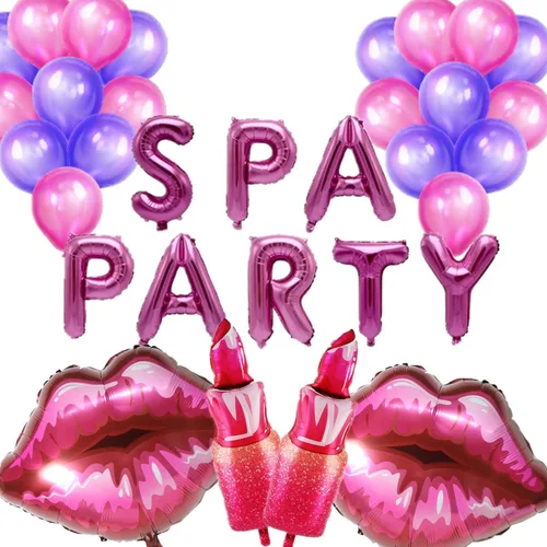 Vista 7 de 32 piezas de globos de decoración de fiesta de spa, temática de spa, suministros para fiesta de cumpleaños, cosméticos de lápiz labial, globos