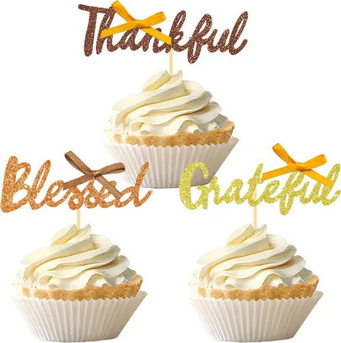 Vista 12 de 24 adornos de otoño para cupcakes para decoración del día de Acción de Gracias, lazo con purpurina para pasteles Thankful Blessed Grateful para Bow-a
