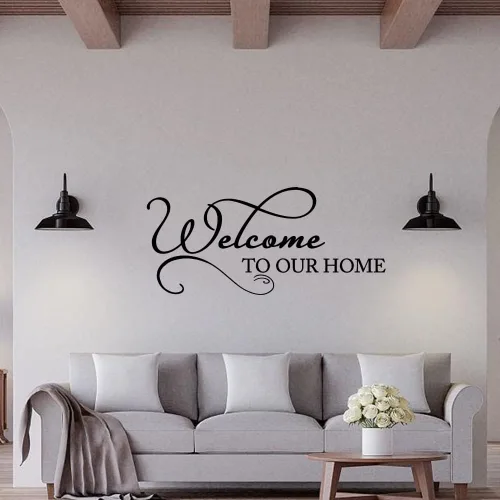 Vista 3 de Bienvenido a nuestro hogar Vinilo removible DIY Adhesivo de pared Decoración del hogar para sala de estar comedor