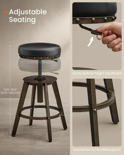 Vista 5 de Taburetes de bar SONGMICS Home, juego de 2, taburete de mostrador Steampunk para cocina, altura ajustable y asiento acolchado giratorio, taburete