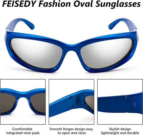 Vista 3 de FEISEDY Y2K - Gafas de sol futuristas, ovaladas, envolventes alrededor de los años 90, montura gruesa, vintage, para hombres y mujeres, B2951