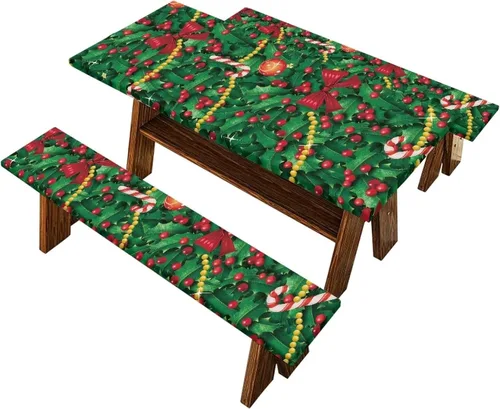 Vista 38 de Juego de 3 calcetines de árbol de Navidad de dibujos animados y galletas, funda de mesa de picnic ajustable con funda de banco, manteles Calcetines