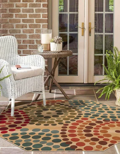 Vista 3 de Unique Loom Outdoor Modern Collection - Alfombra de área - Spark (4 pies 1 pulgada octágono beige/borgoña)