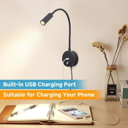 Vista 5 de Luz de lectura regulable montada en la pared con puerto de carga USB, luz de lectura LED enchufable, lámparas de pared con cuello de cisne flexible