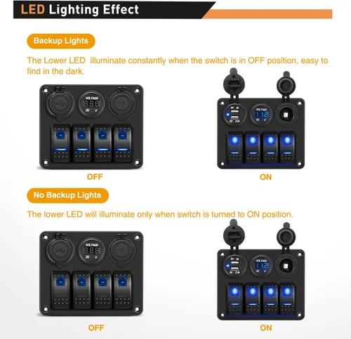 Vista 3 de GOOACC Panel de interruptor basculante de 3 bandas con cargador USB y encendedor de puros, interruptor de palanca de 12 V 24 V, interruptor Azul