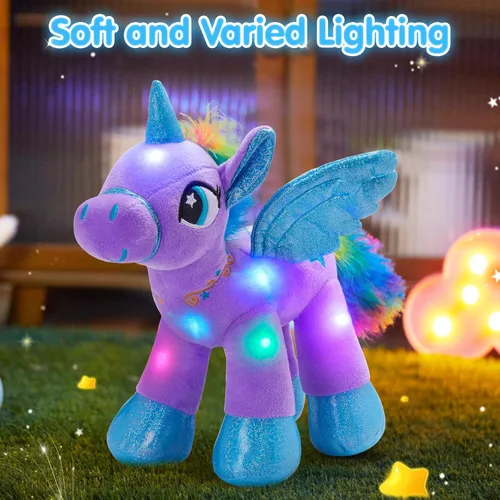Vista 2 de Houwsbaby Peluche de unicornio con luz LED púrpura de 14 pulgadas, juguete de peluche de unicornio, juguete de peluche de caballo brillante, luz