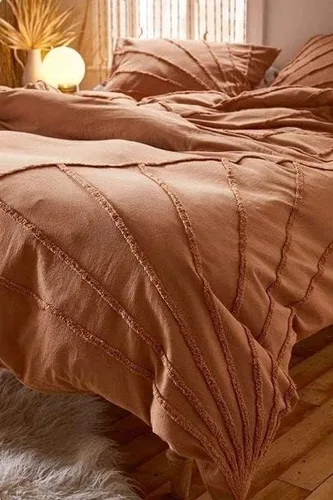 Vista 4 de Juego de funda de edredón de 3 piezas, juego de funda de edredón de algodón copetudo, color terracota, ropa de cama bohemia de lujo, funda