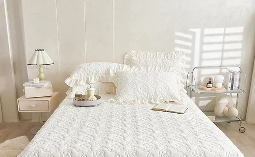 Vista 11 de Colcha acolchada de algodón brocado con patrón de flores, falda de cama con volantes, tamaño Queen, beige