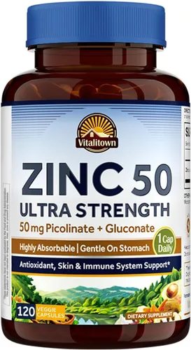 Vista 10 de Vitalitown Zinc quelatado de 50 mg, picolinato de zinc y gluconato, 60 cápsulas vegetales, bien absorbido, sistema inmunológico, piel y desarrollo