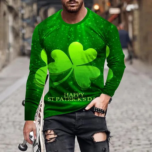 Vista 3 de Camisa de manga larga para hombre, con cuello redondo, con estampado de tréboles y tréboles
