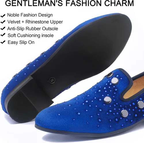 Vista 3 de Mocasines de terciopelo con diamantes de imitación para hombre, zapatos de vestir con placa dorada, zapatos de fumar sin cordones para fiestas