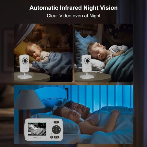 Vista 8 de OKAIDI Monitor de video para bebés con 2 cámaras, pantalla de viaje portátil de 2.4 pulgadas, transmisión de largo alcance de 1000 pies, monitor