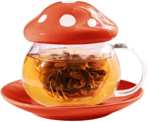 Vista 8 de Taza de té de cristal con forma de hongo Juego de platillo de té taza de café con taza de filtro