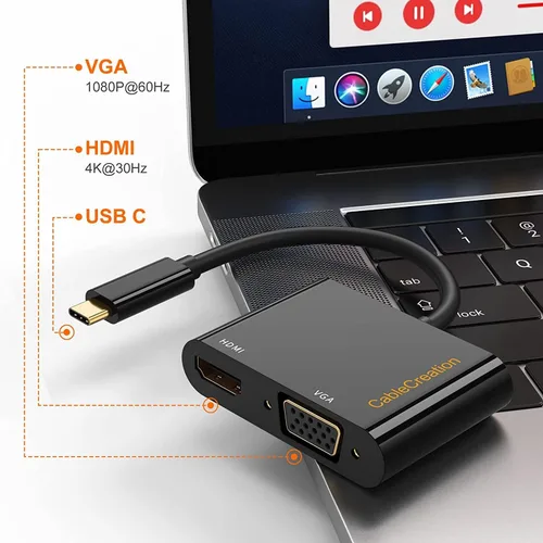 Vista 3 de CableCreation - Adaptador USB C a HDMI + VGA; adaptador USB tipo C (compatible con Thunderbolt 3) a HDMI 4K + VGA, compatible con MacBook Negro