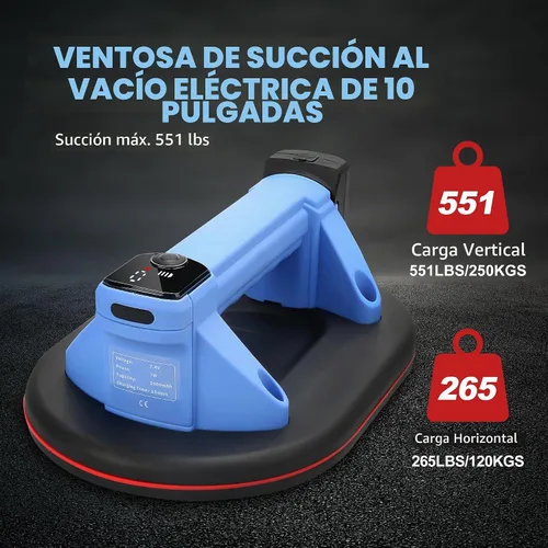Vista 2 de Ventosa eléctrica con capacidad de carga máxima de 551 libras, base de 10 pulgadas con pantalla LED para succión Batería de 2000 mAh Carga tipo C