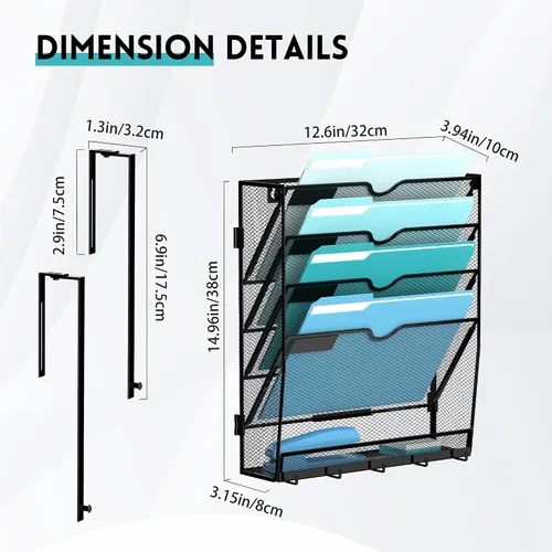 Vista 2 de 5 Tier Wall File Organizer, Metal Holder with Bottom Hooks Negro