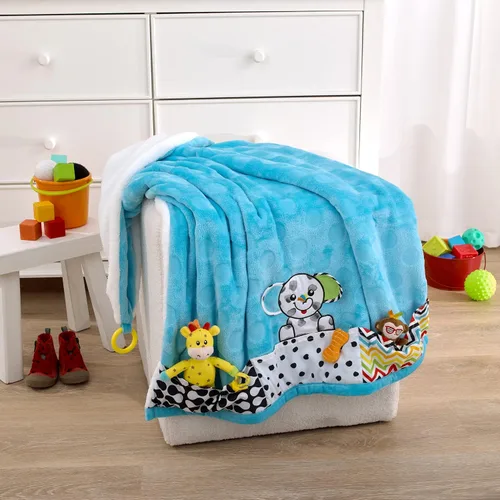 Vista 6 de Sassy Baby Eli Elephant Aqua, manta de bebé sherpa súper suave multicolor con esquinas para morder