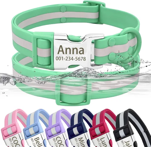 Vista 6 de Collar de perro personalizado impermeable y reflectante con placa de nombre, collar de perro de PVC fácil de limpiar con hebilla grabado nombre