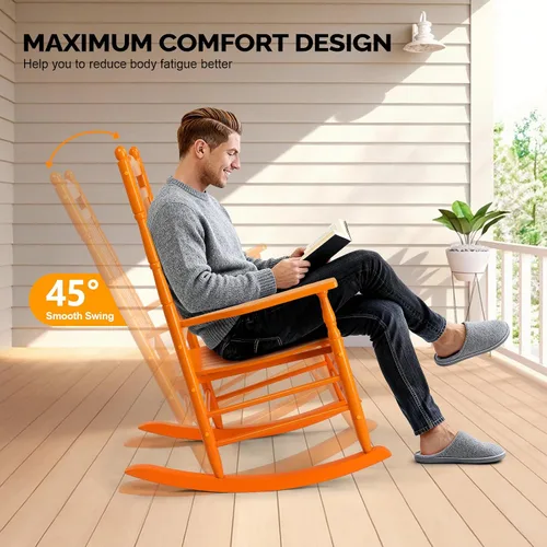 Vista 6 de VINGLI Mecedora de madera, silla para exteriores con soporte de 450 libras, balancín relajante con asiento de respaldo alto de madera maciza