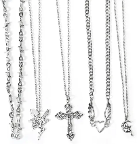 Vista 8 de Juego de 10 piezas de collar Y2k para mujer, accesorios góticos grunge, collares de joyería, cruz gótica, espinas de hadas, ángel gótico, corazón