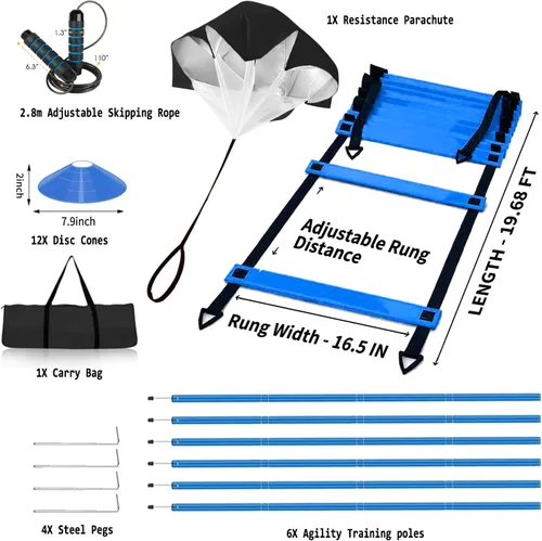 Vista 2 de Vztipki Speed & Agility Training Equipment-20ft Agility Ladder, 6 Poles, 12 Soccer Cones, Resistance Parachute, Jump Rope, Soccer Football