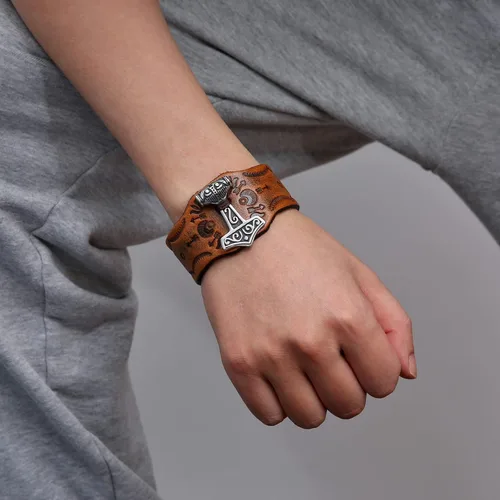 Vista 3 de HZMAN Mjölnir - Pulsera de piel auténtica para hombre diseño gótico ajustable estilo gótico