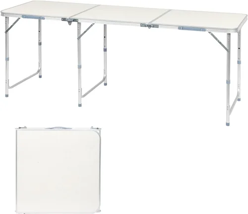 Vista 10 de Mesa plegable de aluminio, mesa de campamento multiusos para picnic, mesa rectangular portátil y ajustable, color blanco