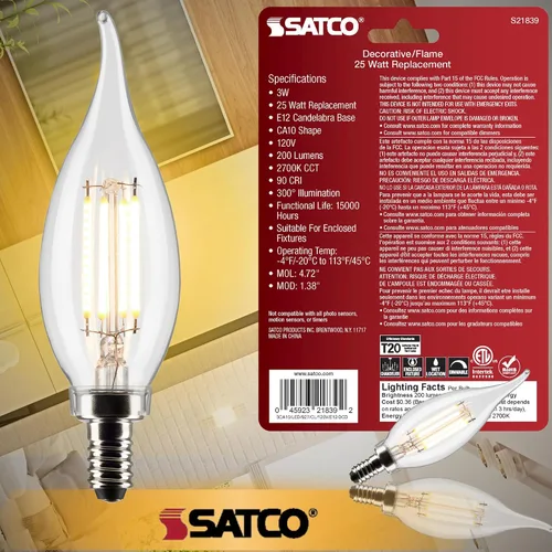 Vista 4 de Satco Bombillas LED transparentes para candelabros, 3 W, tipo CA10, blanco suave, 2700 K, 200 L, base de vela E12, regulables para comedor, lámpara