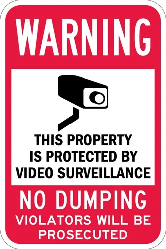 Vista 10 de SmartSign señal de seguridad, leyenda: "Warning: Video Surveillance No Dumping" en colores negro y rojo sobre blanco, 1