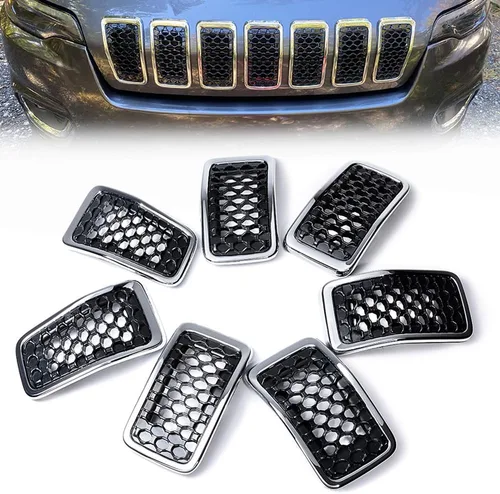 Vista 11 de Juego de 7 piezas de insertos de parrilla delantera negra estilo malla de panal compatible con Jeep Cherokee 2014-2018 Malla negra mate + ribete