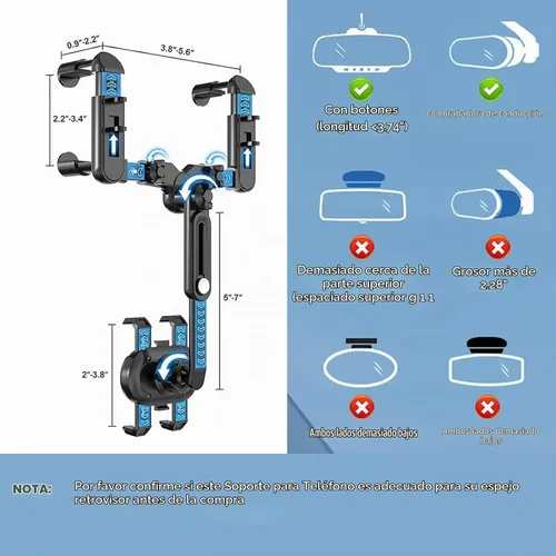 Vista 6 de ILKCC Soporte de teléfono para espejo retrovisor para automóvil, giratorio de 360° y retráctil multifuncional soporte de teléfono de visión trasera