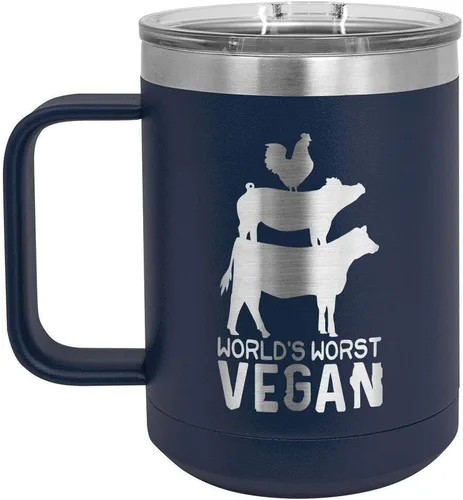 Vista 18 de Worlds Worst - Taza de café vegana negra de 15 onzas con tapa superior deslizante, taza de café de viaje aislada Idea de regalo para barbacoa