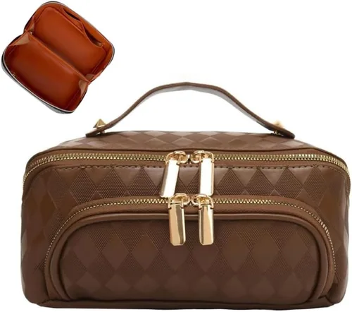 Vista 11 de Bolsas de maquillaje a cuadros de gran capacidad, bolsas de cosméticos portátiles de viaje, bolsa de aseo abierta y plana para mujeres y niñas