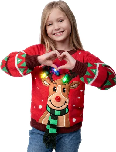 Vista 2 de JOYIN Kid's Christmas Ugly Sweater LED Light Up Reindeer Xmas Sweater Built-in Light Bulbs for Boys Girls
