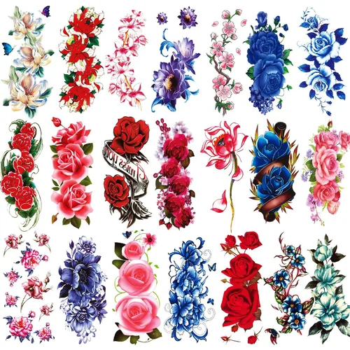 Vista 8 de Tatuajes temporales florales de 21 hojas, diseños brillantes de peonías y rosas en 3D, arte corporal impermeable para mujeres y niñas, calcomanías