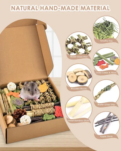 Vista 2 de Bissap Juguete masticable de conejo, golosinas naturales de conejito con Timothy Heno Water Grass Mat Masticar Bambú Palitos de Manzana Caja