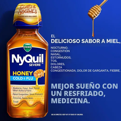 Vista 3 de VICKS DayQuil & NyQuil - Paquete de sabor a miel SEVERE, medicamento para el resfriado y la gripe, alivia el dolor de cabeza, fiebre, dolor
