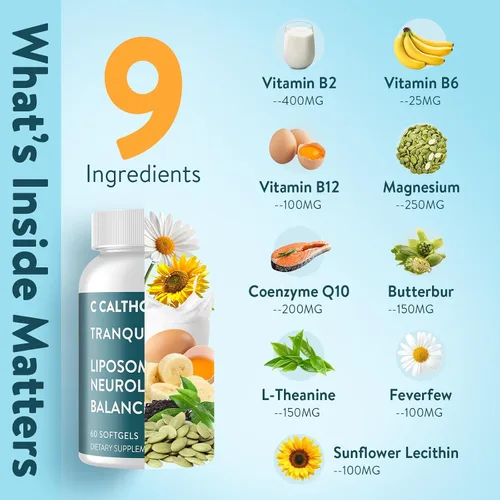 Vista 3 de Suplemento para Alivio de Migraña – Riboflavina Liposómica, Vitamina B2 B6 & B12, Magnesio, CoQ10, L-Teanina, Sin Ácido Pantoténico Butterbur &