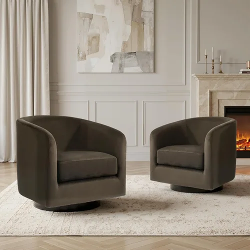Vista 14 de Silla Giratoria de Acento de Cuero Sintético con Base de Madera, Sillas de Barril Tapizadas Modernas para Sala de Estar, Cómodo Sillón Redondo Sofá