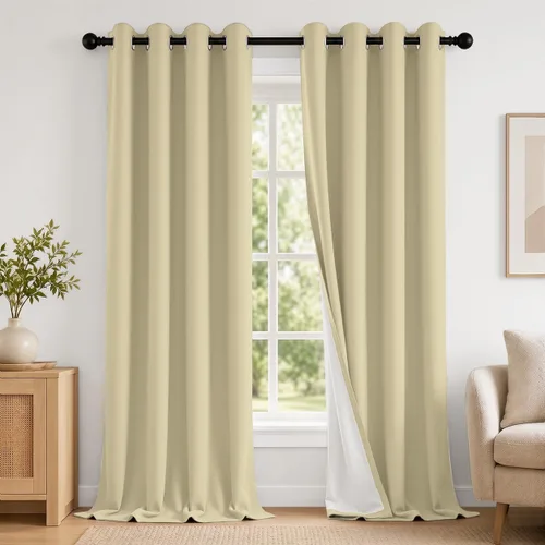 Vista 34 de 2 paneles de cortinas 100% opacas, de peso medio, con aislamiento térmico y ojales para dormitorio, sala de estar, tratamiento de ventana