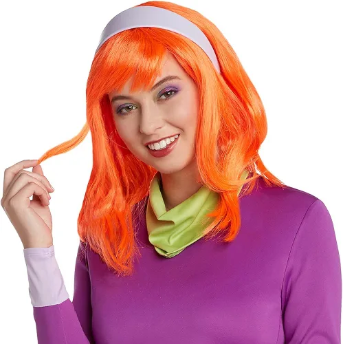 Vista 2 de Jerry Leigh Scooby-Doo Daphne Disfraz para adultos tamaño estándar un mini vestido morado una diadema y una bufanda verde