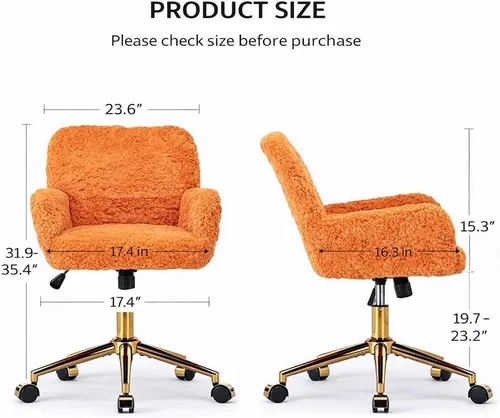 Vista 2 de Silla de tocador de piel sintética, silla de escritorio giratoria ajustable con ruedas y base dorada, cómoda silla ancha de maquillaje mullida