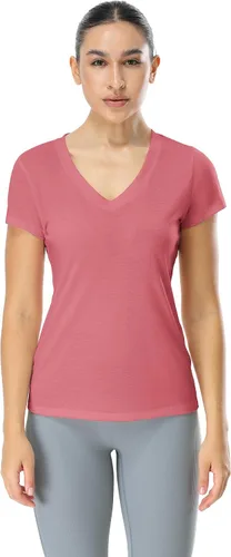 Vista 3 de icyzone Camisetas de entrenamiento para mujer - Camisetas de yoga para gimnasio, correr, fitness, cuello en V