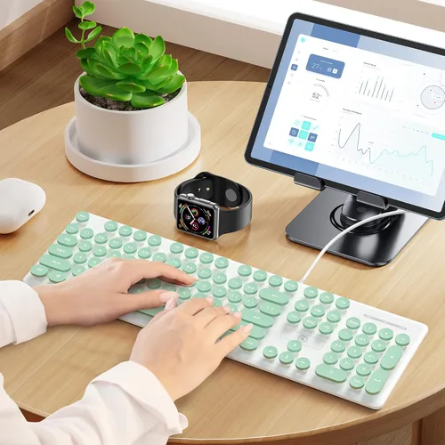 Vista 7 de Teclado de máquina de escribir de 104 teclas Punk Gaming Retro Teclado LED Blanco Retroiluminado Lindo Teclado con Cable USB Adecuado
