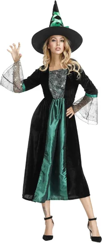 Vista 4 de Grebrafan - Disfraz de bruja para mujer Vestido largo clásico de hechicera 6366 Verde