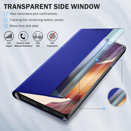 Vista 4 de Funda para Samsung Galaxy Note 20 Ultra 5G View Clear Window Leather para Samsung Note 20 Ultra Case Slim Mirror Hard PC Kickstand Luxury Flip A Azul