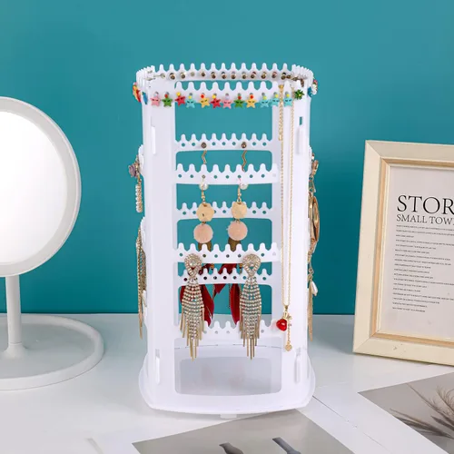 Vista 2 de Sooyee Organizador de pendientes blanco, soporte giratorio de 360 aretes, estante de joyería de 4 niveles, soporte clásico, 156 agujeros y 160